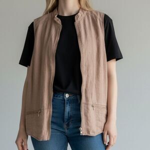 100% Linen Sleeveless Tan Zip-Up Vest